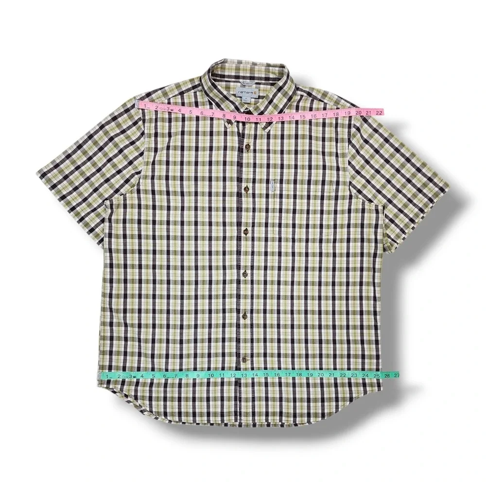 Carhartt‎ Relaxed Fit Green/Brown Plaid Button Down Short Sleeve Shirt Men's XL